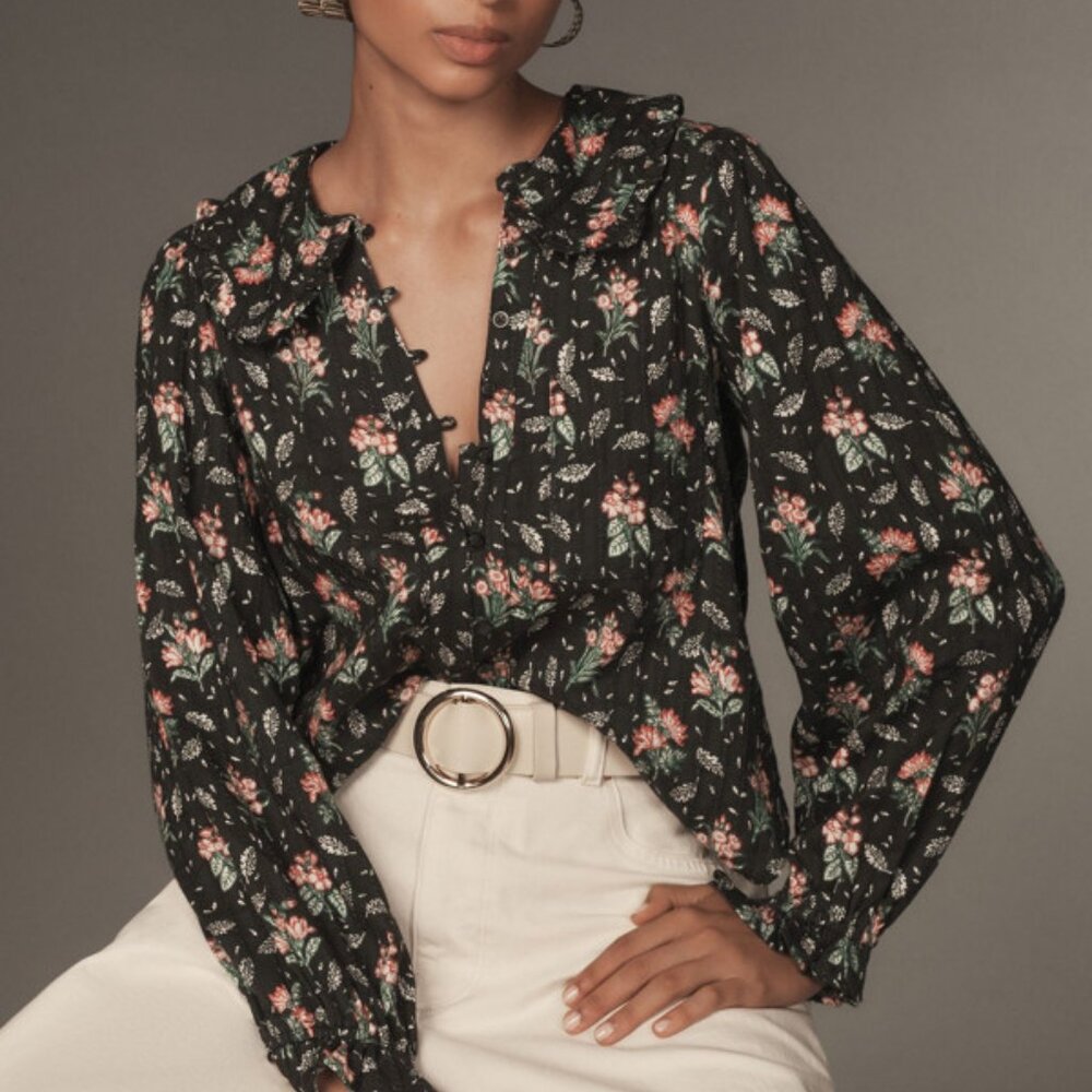 NWT Anthropologie Keira Peter Pan Collared Long-Sleeve Floral Blouse, Size XXS